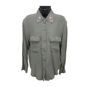 Sophisticates Top S Green Silk Embroidered Floral‎ Button Up Grandmacore Vintage